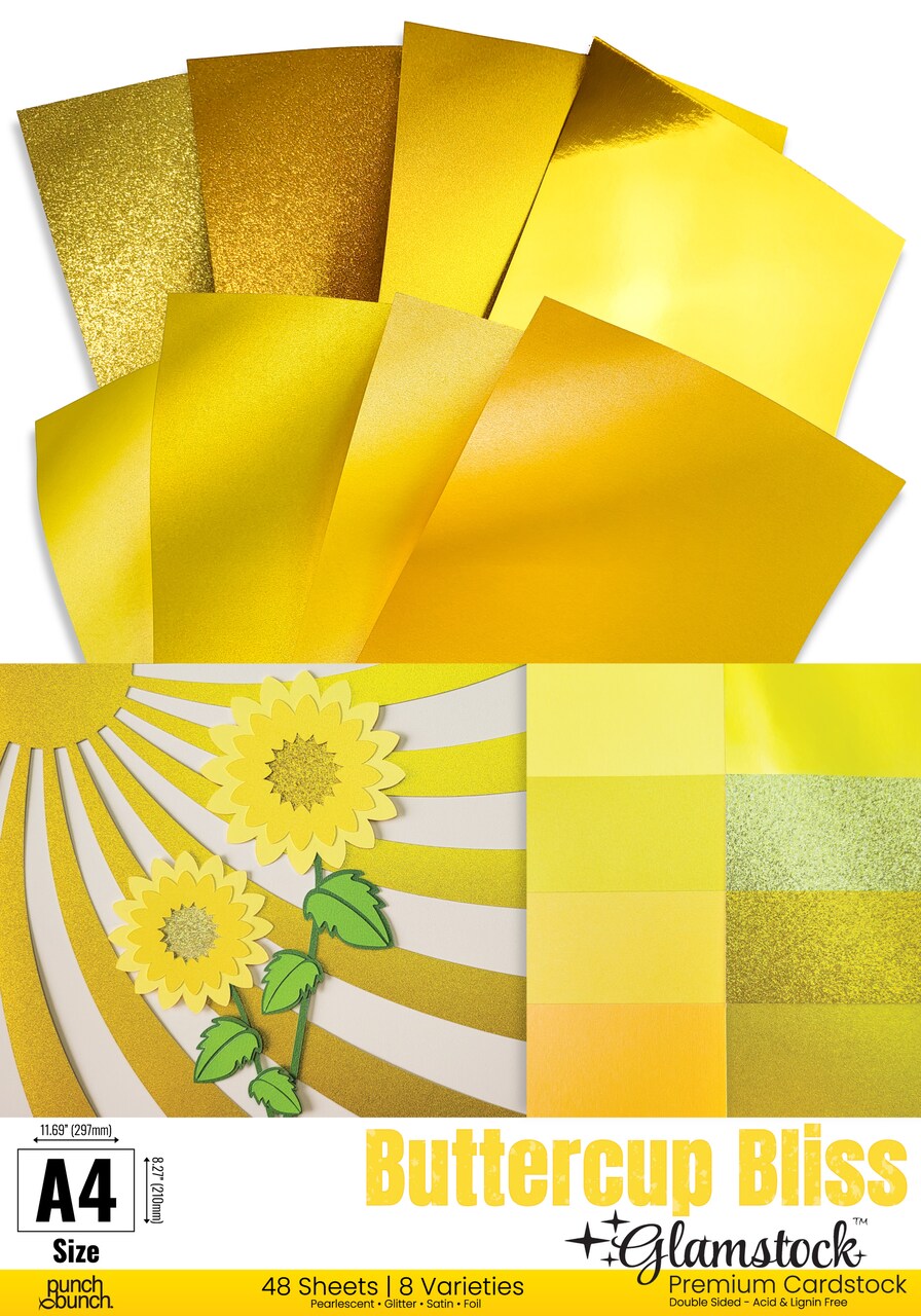 Buttercup Bliss Glamstock™ – Premium Yellow Cardstock Book featuring Pearlescent, Satin, Foil & Glitter Papers, 48 Pages, A4 Size, for Scrapbooking, Crafts & Invitations